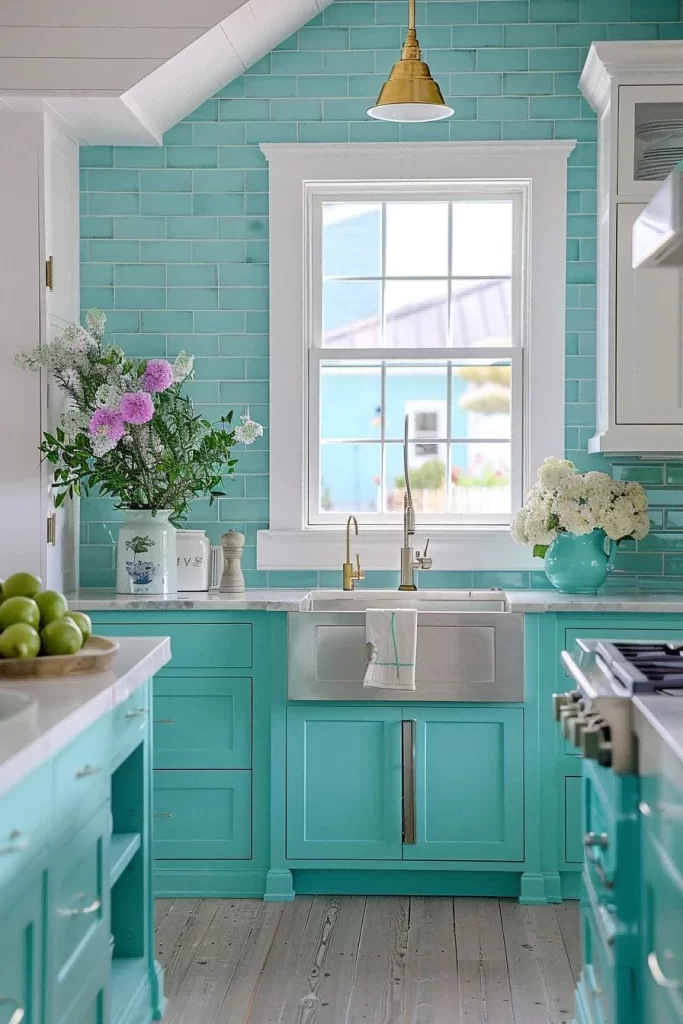 An image of a kitchen with a fresh coat of turquoise paint