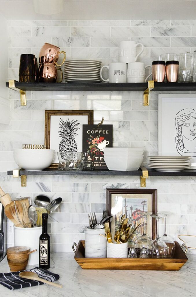 An image of a lovely kitchen with open shelving installed