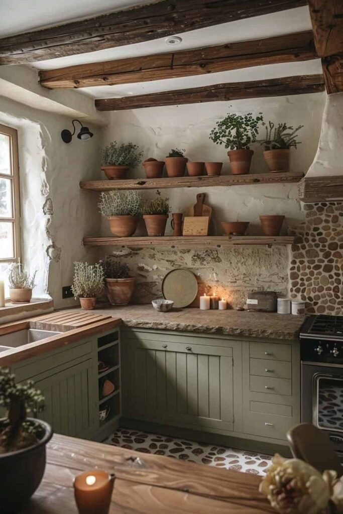 An image of a kitchen with decorate accents such as plants and scented candles