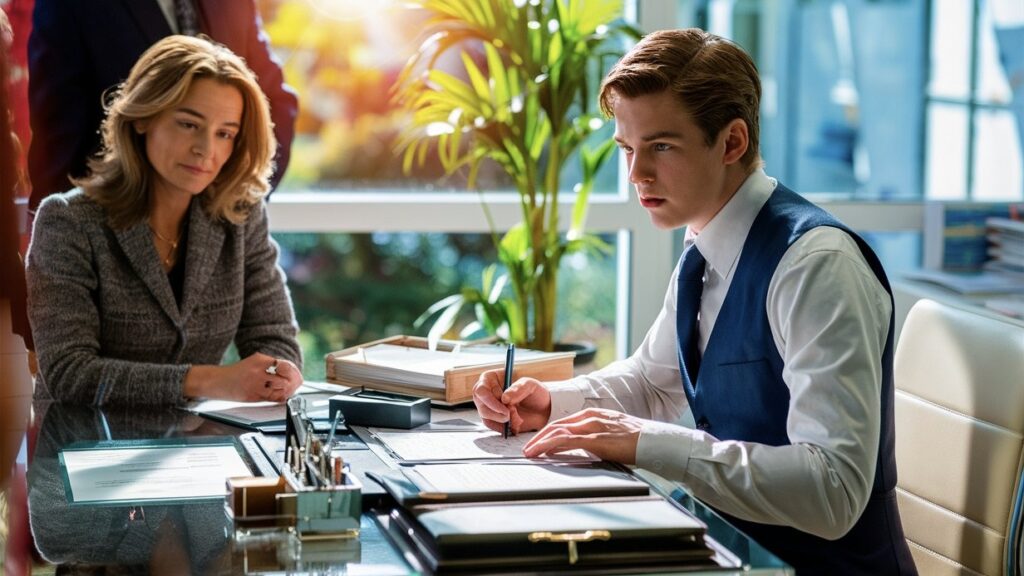 A client filling out forms with her realtor at his office