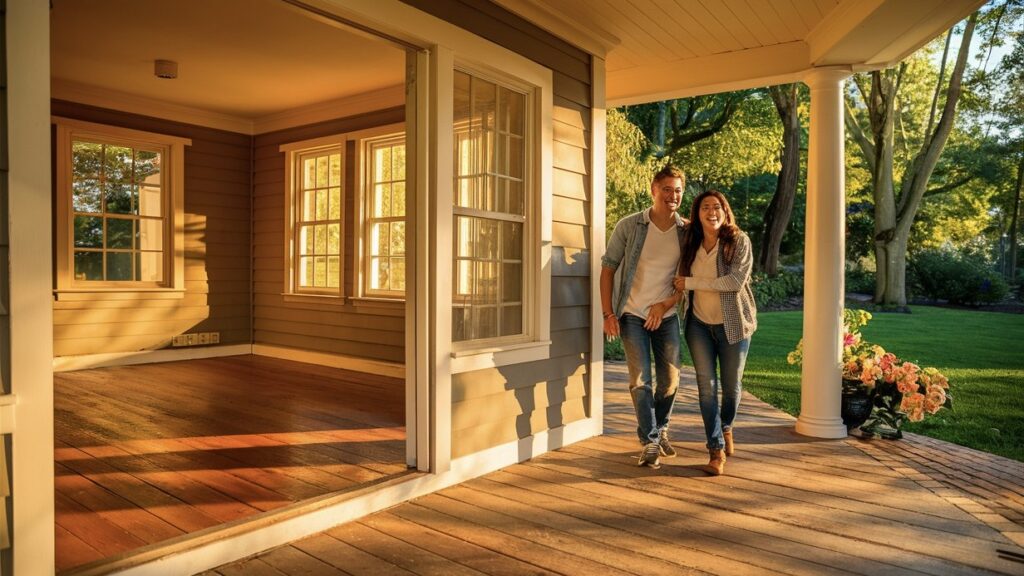 A well-maintained house for rent with no furniture and a wooden floor. There is a couple inside to view it.