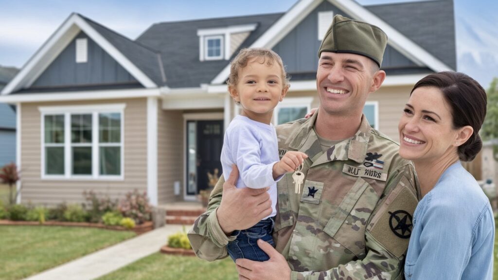 A young veteran family with their new home with the help of a VA loan