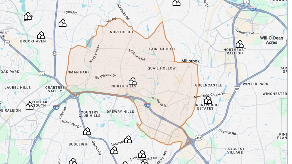 A map of the North Hills neighborhood in Raleigh