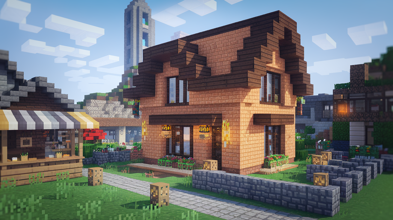 A digital composite inspired by Minecraft, with a vibrant real estate-themed scene in the game's iconic blocky style. The foreground features a two-story house made of orange terracotta blocks with a dark oak wood roof. The house has glass windows, a wooden front door, and small touches like flower pots and lanterns hanging from the eaves. The property is enclosed by a cobblestone fence. The midground reveals a marketplace area with a wooden market stall and small homes and shops built in various materials. The background contains a stone tower or clock tower and glowstone or lantern-style streetlights. The scene is set in the golden hour, with a warm orange hue in the sky and soft shadows, creating a peaceful and idyllic feel. write in all white capital letters "what is minecraft real estate?" make the sure font stands out.