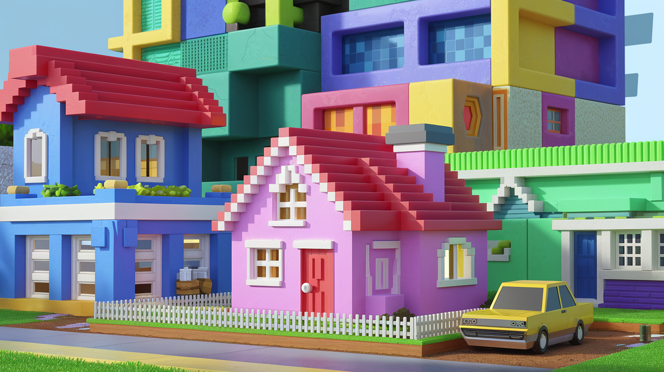 A digital composite inspired by Minecraft, with a vibrant real estate-themed scene in the game's iconic blocky style. The foreground features a two-story house made of orange terracotta blocks with a dark oak wood roof. The house has glass windows, a wooden front door, and small touches like flower pots and lanterns hanging from the eaves. The property is enclosed by a cobblestone fence. The midground reveals a marketplace area with a wooden market stall and small homes and shops built in various materials. The background contains a stone tower or clock tower and glowstone or lantern-style streetlights. The scene is set in the golden hour, with a warm orange hue in the sky and soft shadows, creating a peaceful and idyllic feel. write in all white capital letters "what is minecraft real estate?" make the sure font stands out.