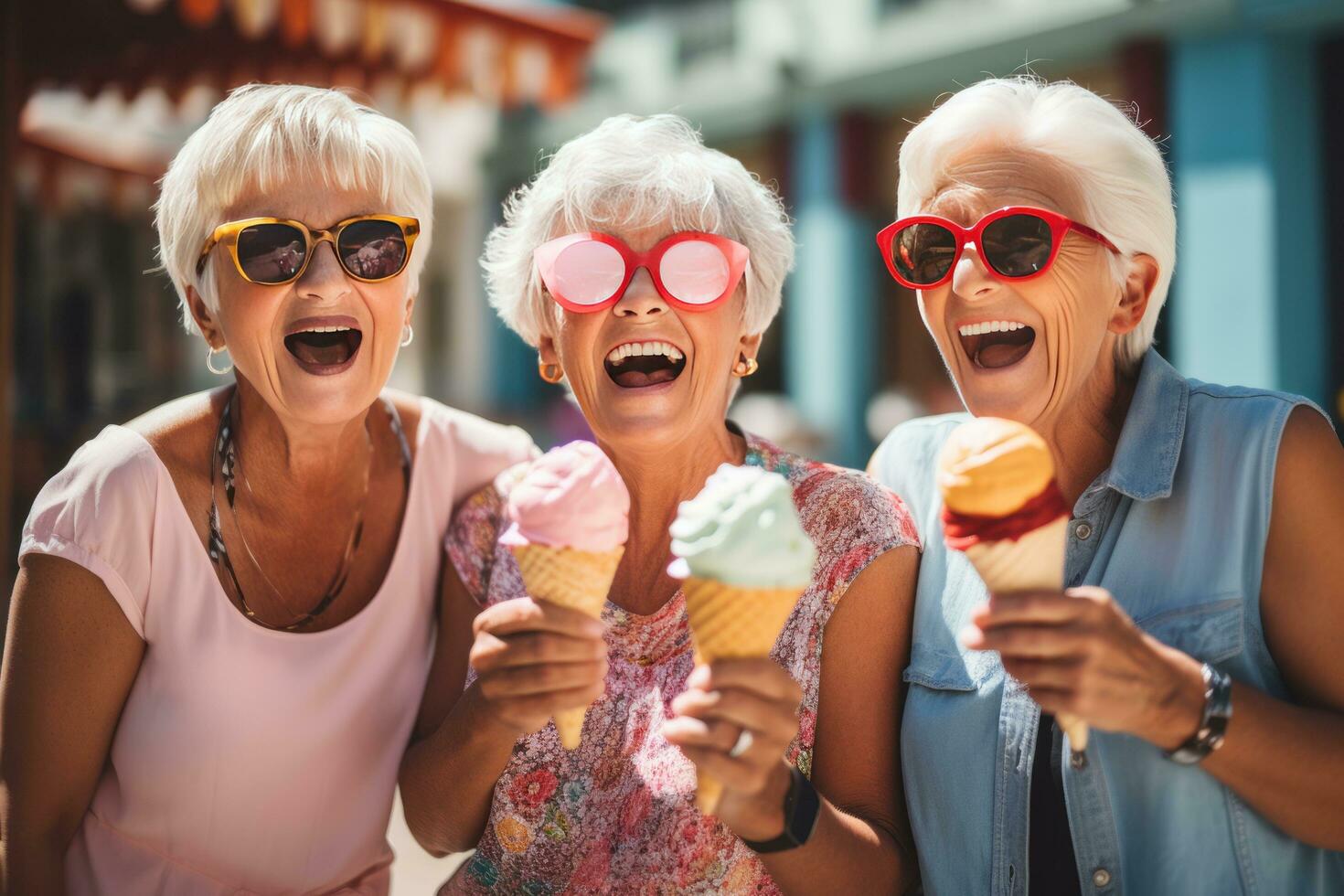photo of three baby boomers eating ice cream and laughing to hard.